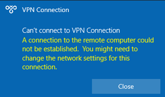 A screenshot of a VPN error message.