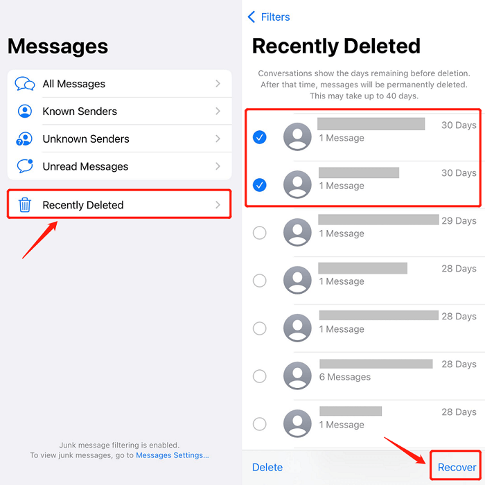 Check Recently Deleted Folder: Open the "Recently Deleted" folder in the Messages app on your iPhone to see if the messages are still recoverable.
Recover from iTunes Backup: If you regularly back up your iPhone using iTunes, restore your device from a previous backup to retrieve the disappeared text messages.