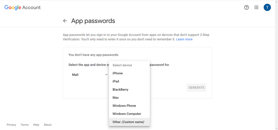 Click on the "Generate" button.
Make note of the generated app password as it will be required for setup.