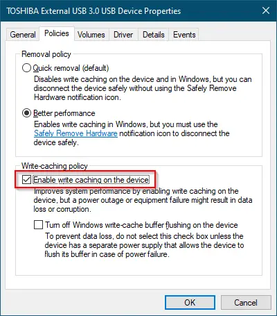 Click the "Policies" tab and select "Better performance".
Check the box next to "Enable write caching on the device".