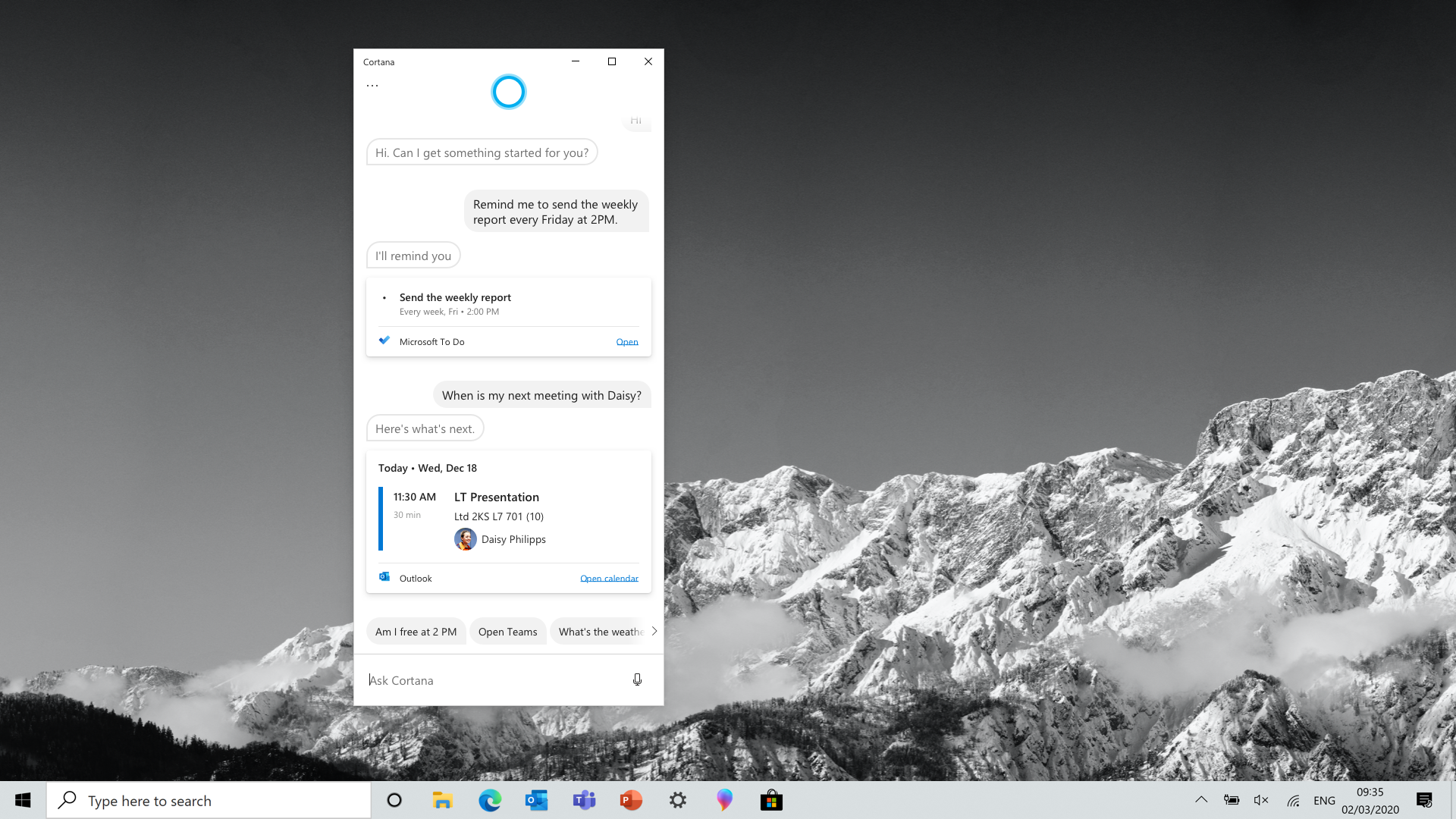 Cortana settings in Windows system