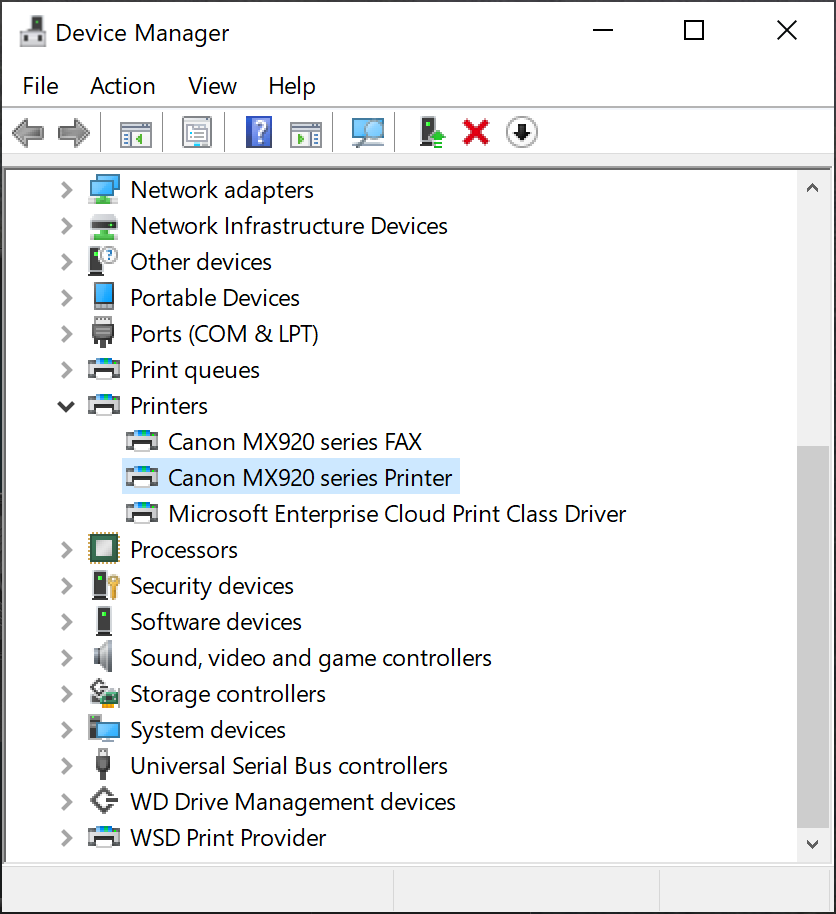 Device manager window with driver installation