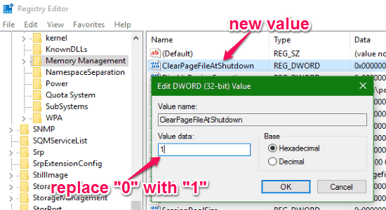 Double-click on ClearPageFileAtShutdown.
Change the value data to 1.