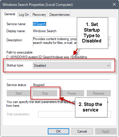 Find "Windows Search" and right-click it.
Select "Properties" and change the "Startup type" to "Disabled".