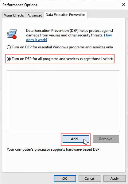 In the Performance Options window, go to the Data Execution Prevention tab.
Select the option Turn on DEP for all programs and services except those I select.