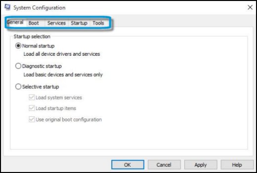 In the "System Configuration" window, go to the "General" tab.
Select the option for "Selective startup".