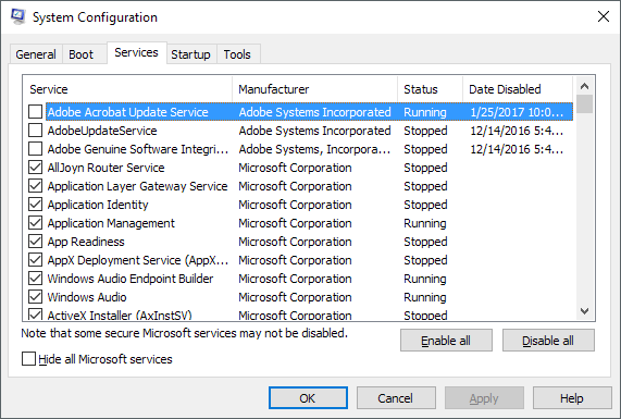 In the "System Configuration" window, go to the "Services" tab.
Check the box that says "Hide all Microsoft services".