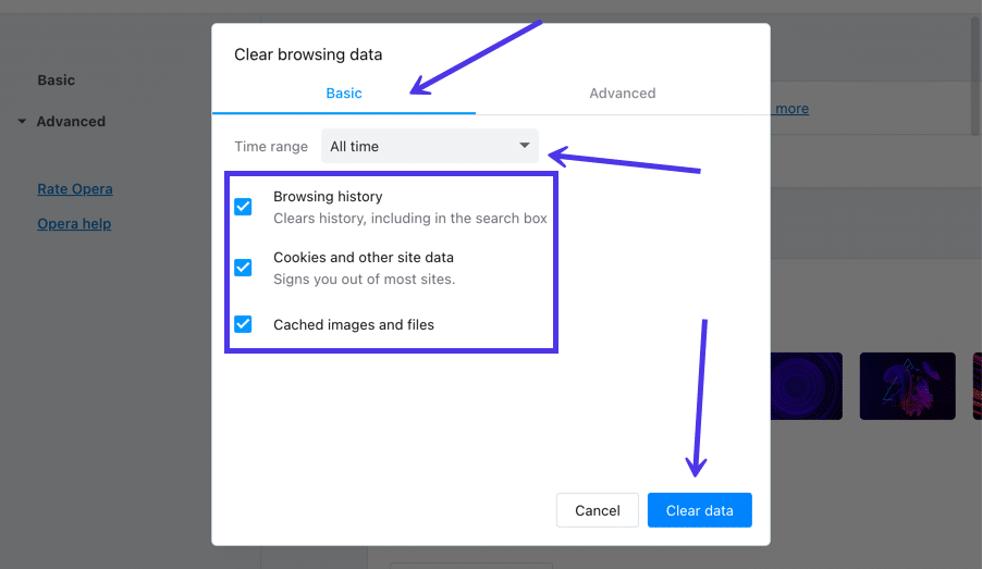 Make sure "Cached images and files" is selected.
Click on "Clear data" to clear the browser cache.