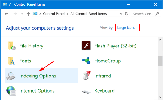 Open Control Panel
Click on Indexing Options