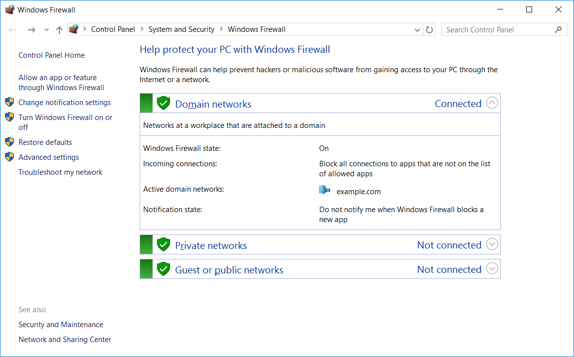 Open Control Panel on your computer.
Click on System and Security and then Windows Firewall.