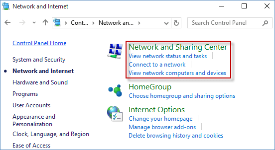Open the Control Panel by clicking on the Start button and selecting Control Panel.
Click on Network and Internet, then select Network and Sharing Center.