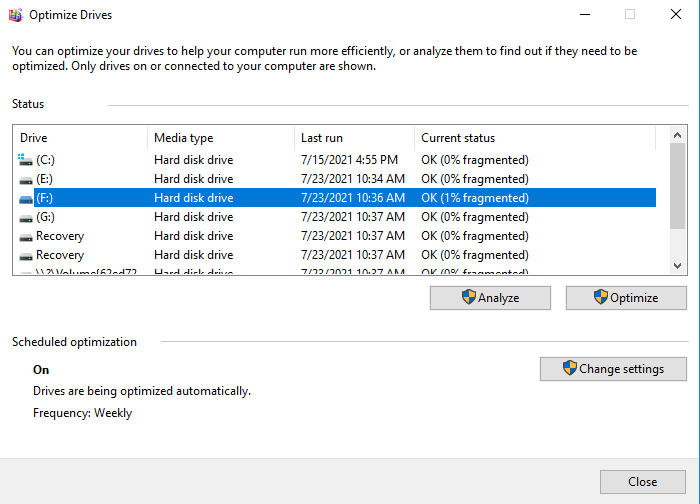Open the Disk Defragmenter tool.
Select the WD external hard drive and click "Optimize".