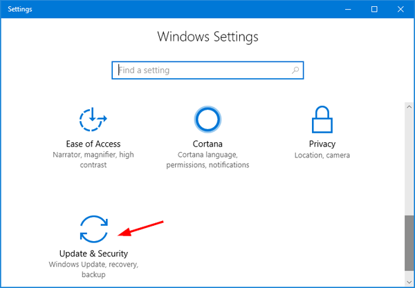 Open the Settings app by pressing Win+I.
Select Update & Security.
