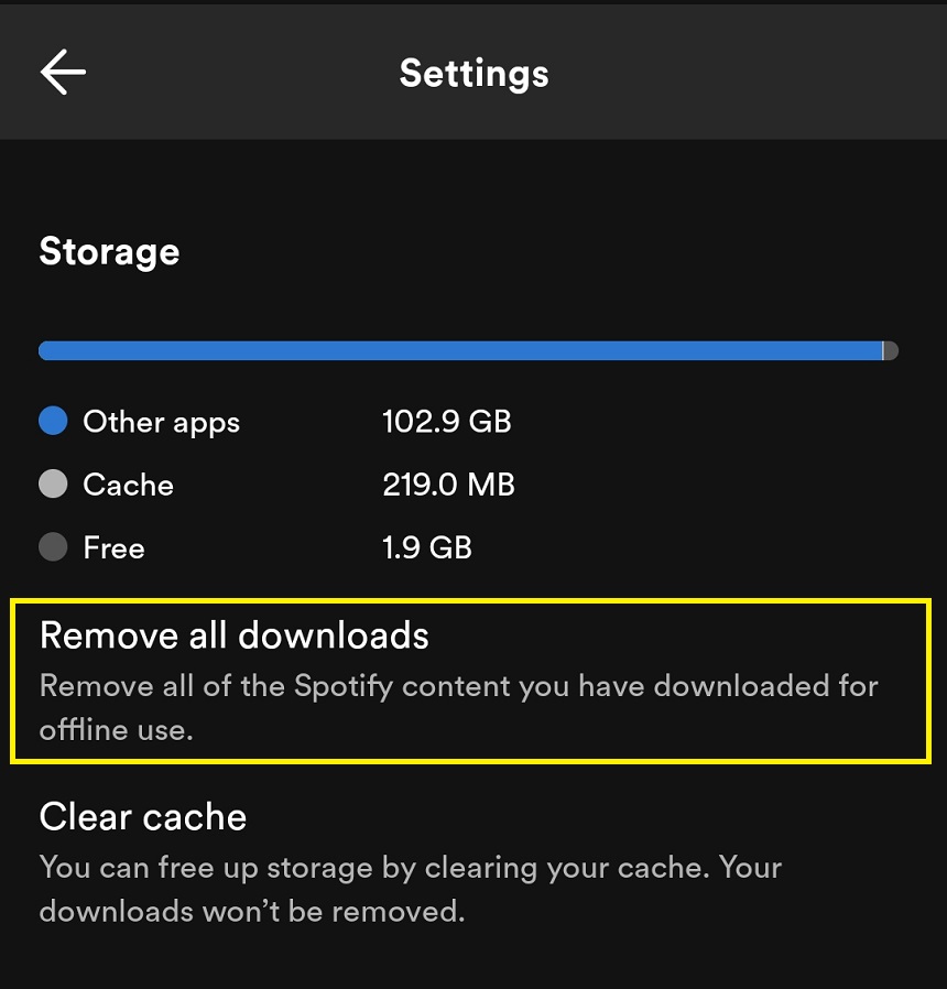 Open the Spotify app and go to "Settings".
Select "Storage" and then "Clear cache" to remove temporary files.