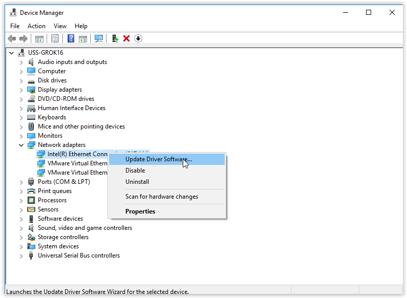 Right-click on your network adapter and select Update Driver.
Select Search automatically for updated driver software.