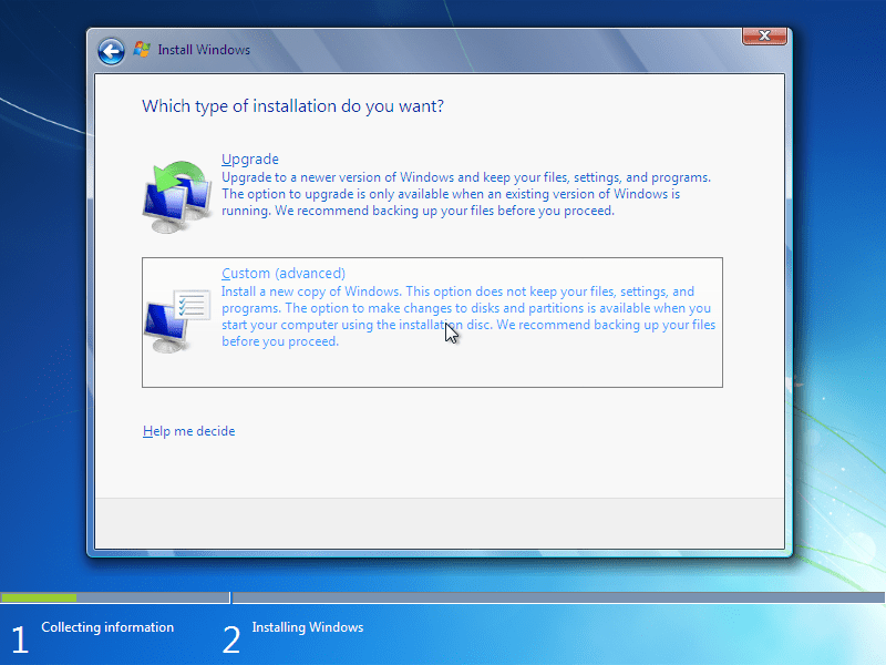Select "Custom (advanced)" installation type.
Choose the partition where Windows 7 is currently installed.