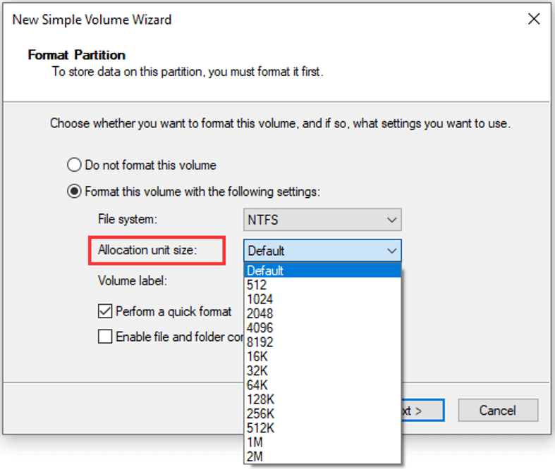 Select Format from the context menu.
Choose the desired file system format (e.g., NTFS) and allocation unit size.