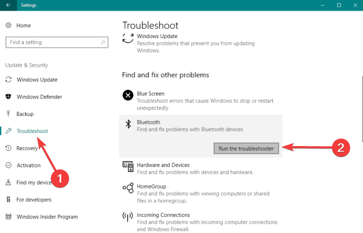 Under Get up and running, click on Bluetooth.
Click on Run the troubleshooter and follow the on-screen instructions.